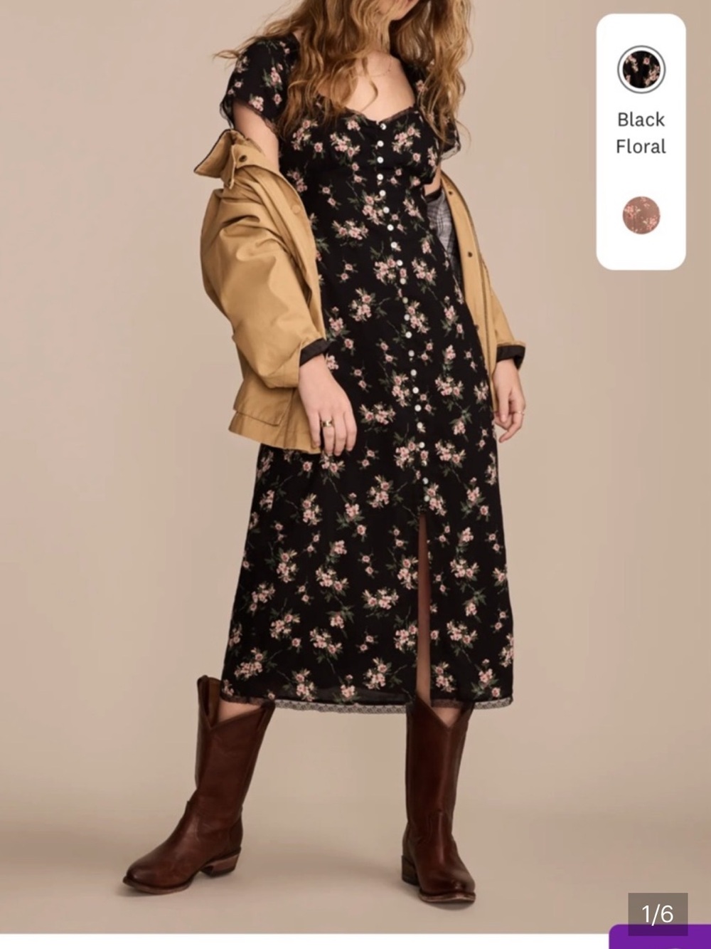 Lucky Brand Midi Dress Floral Black Lace Trim Boho Whimsigoth
